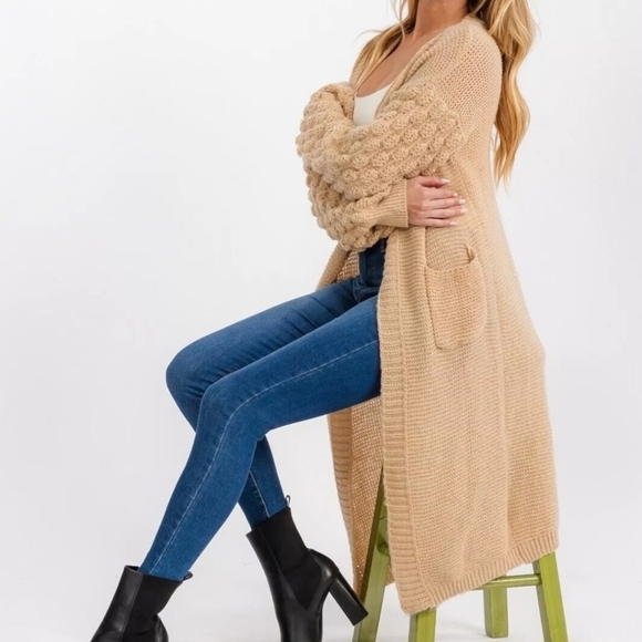 Women's  Long Detailed Sleeve Open Front Pockets Cardigan In Taupe S, M, L, XL - Picture 6 of 11